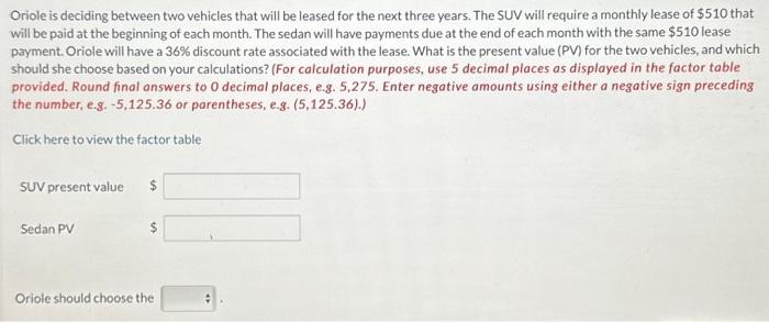  Oriole is deciding between two vehicles that will be leased for