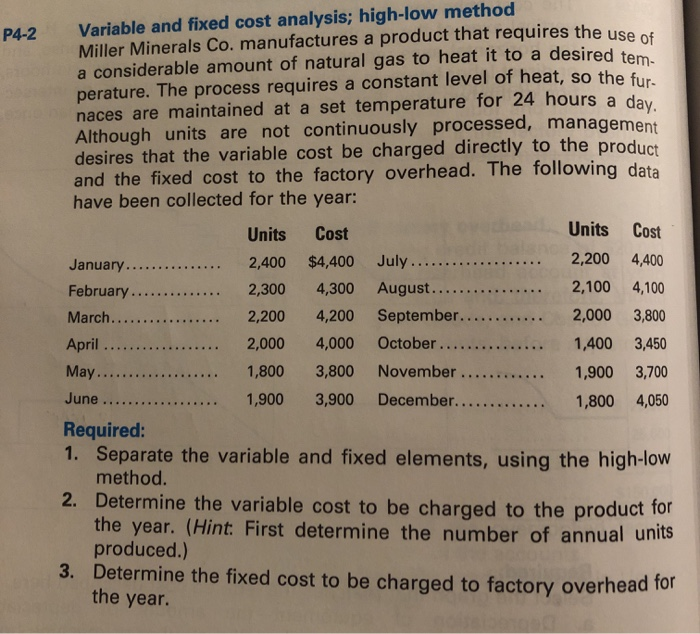  P4-2 day. Variable and fixed cost analysis; high-low method Miller Minerals