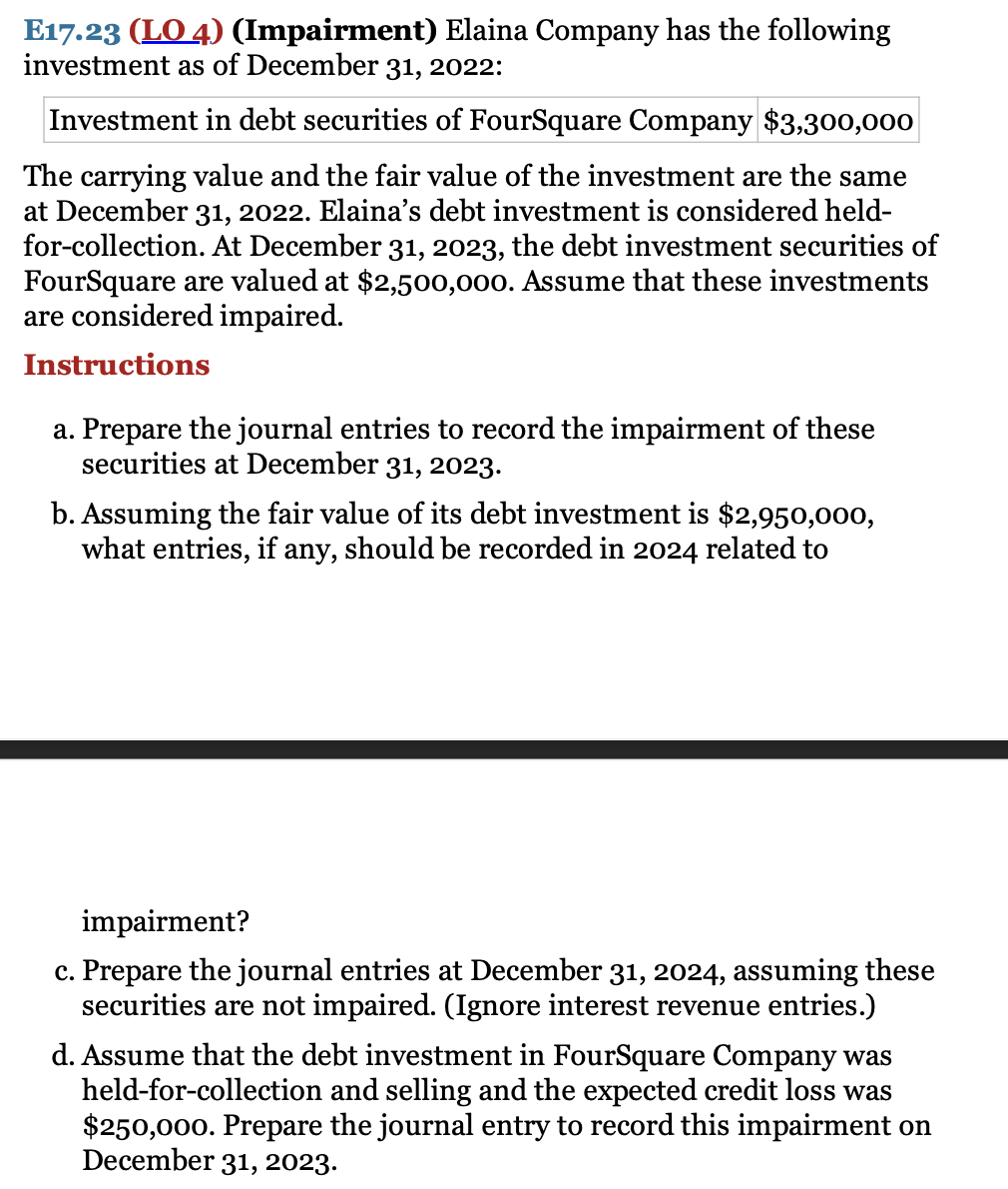 Elaina Company has the following investment as of December 31, 2022: Investment