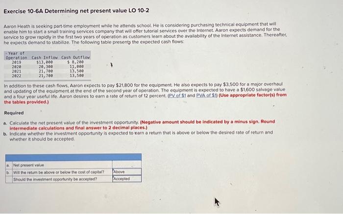  Exercise 10-6A Determining net present value LO 10-2 Aaron Heath is