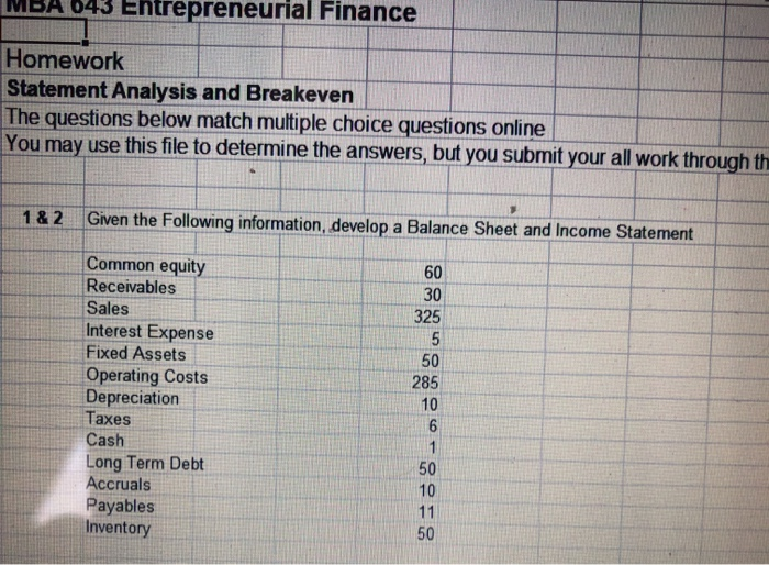  given the following information develop a balance she MDA 043 Entrepreneurial