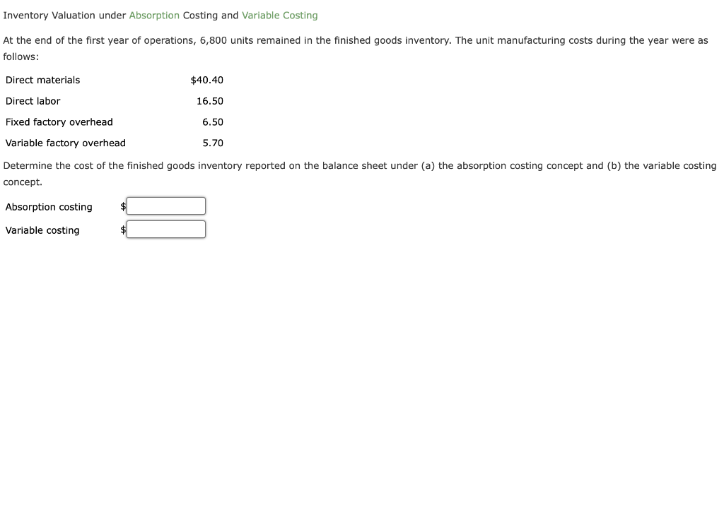 Inventory Valuation under Absorption Costing and Variable Costing At the end