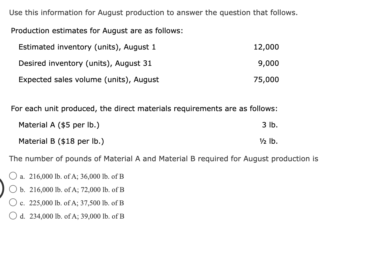 Use this information for August production to answer the question that