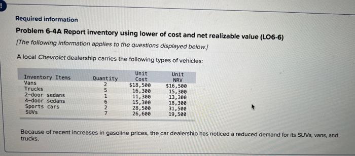  Required information Problem 6-4A Report inventory using lower of cost and