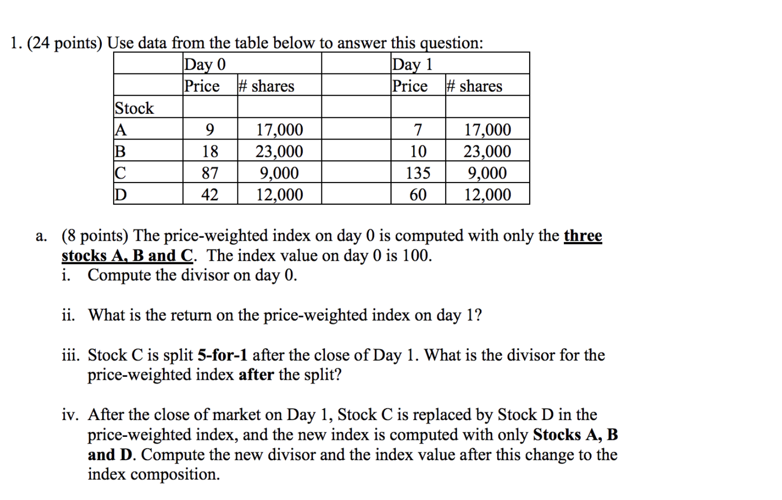  1. (24 points) Use data from the table below to answer