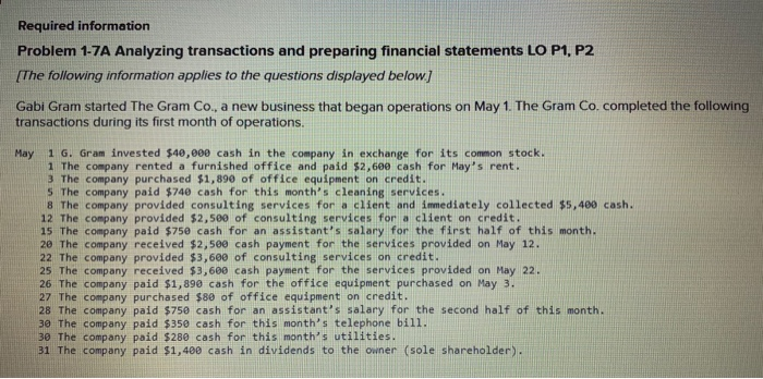 HELP Required information Problem 1-7A Analyzing transactions and preparing financial statements LO