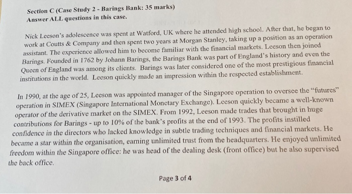  Section C(Case Study 2 - Barings Bank: 35 marks) Answer ALL