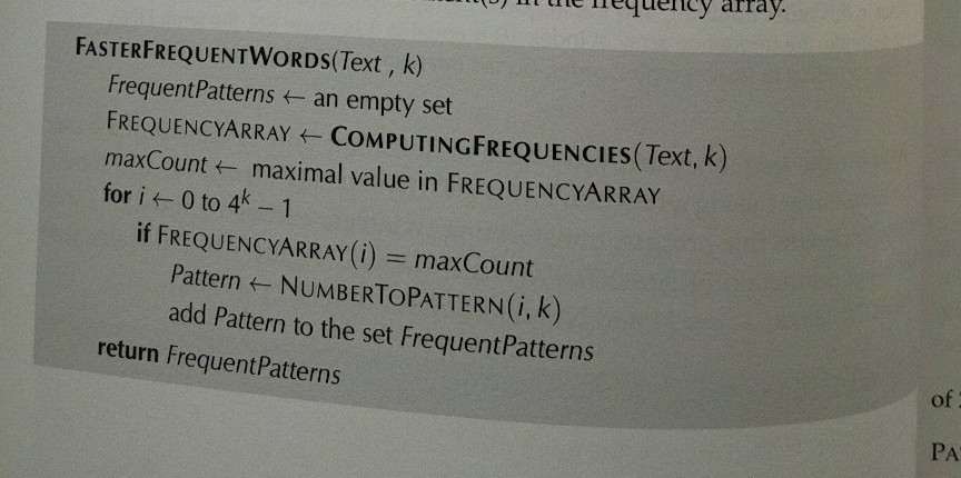 functions given below ComputingFrequencies Function: Also create a function for PatternToNumber Pattern