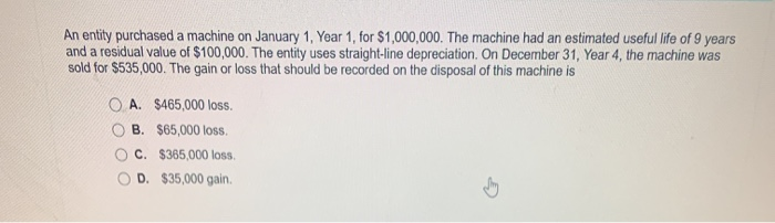  An entity purchased a machine on January 1, Year 1, for