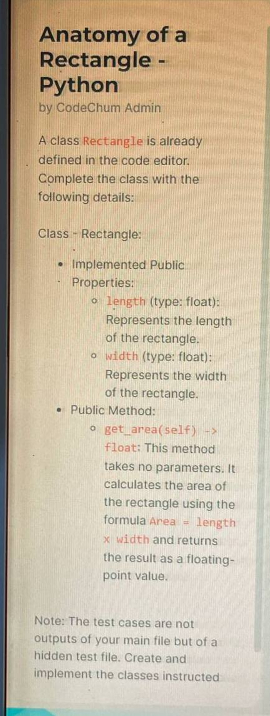  Anatomy of a Rectangle - Python by CodeChum Admin A class