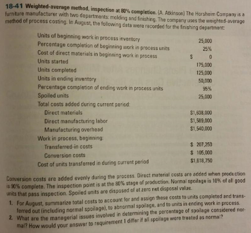 Weighted-average method, inspection at 80% completion. (A Atkinson) The Horsheim Company