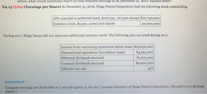  Need to solve a problem earning per share action, what would