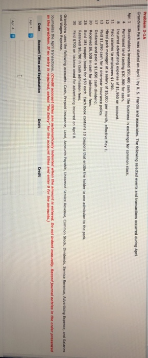  Problem 2-1A Grandview Park was started on Apni 1 by R.