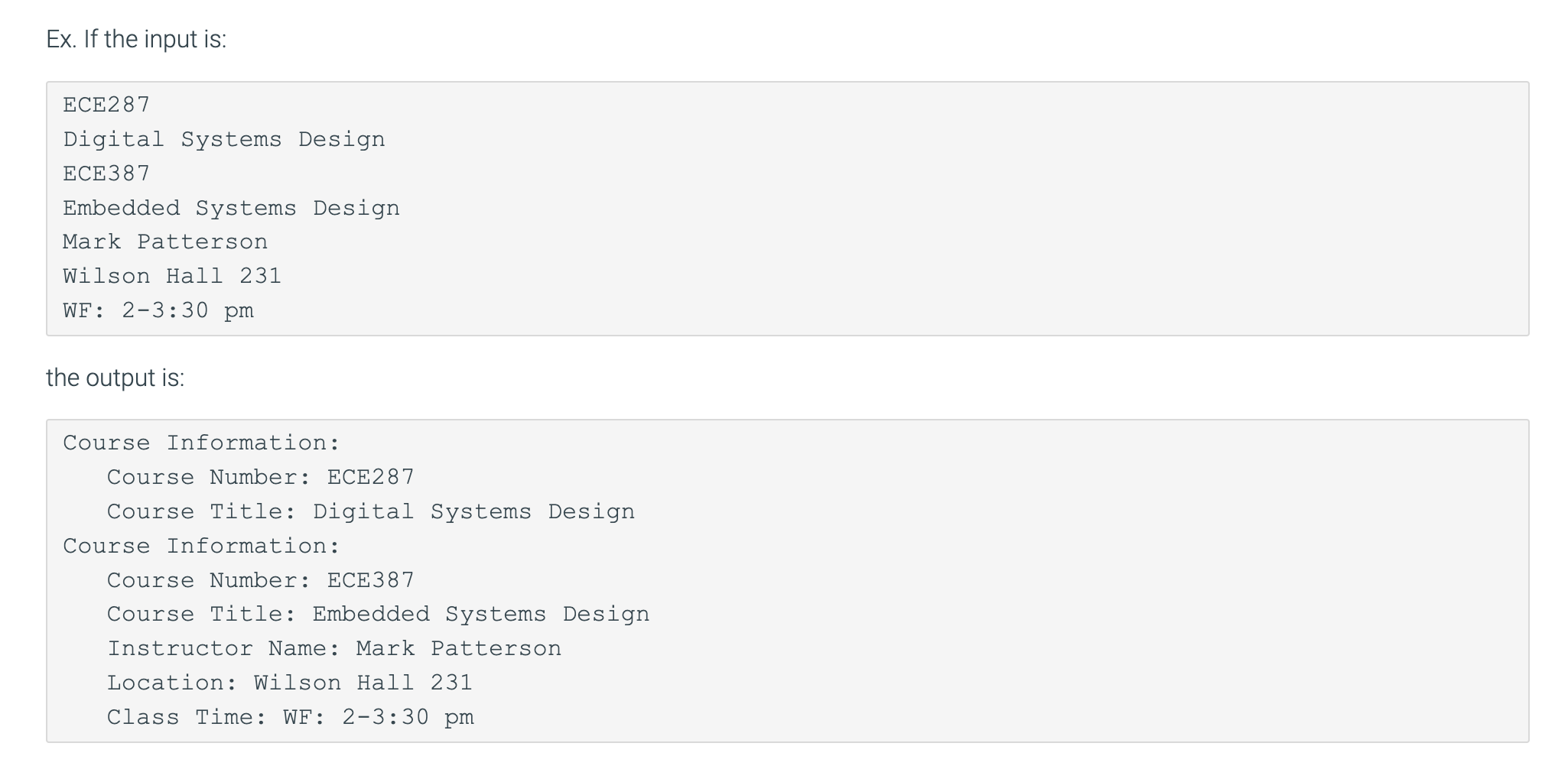 main(), define a Course base class with methods to set and get