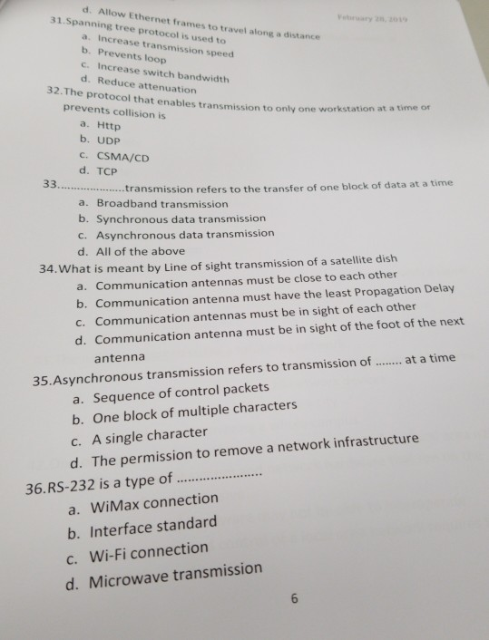 network a. Application layer b. Network layer c Data-Link Layer d. Physical