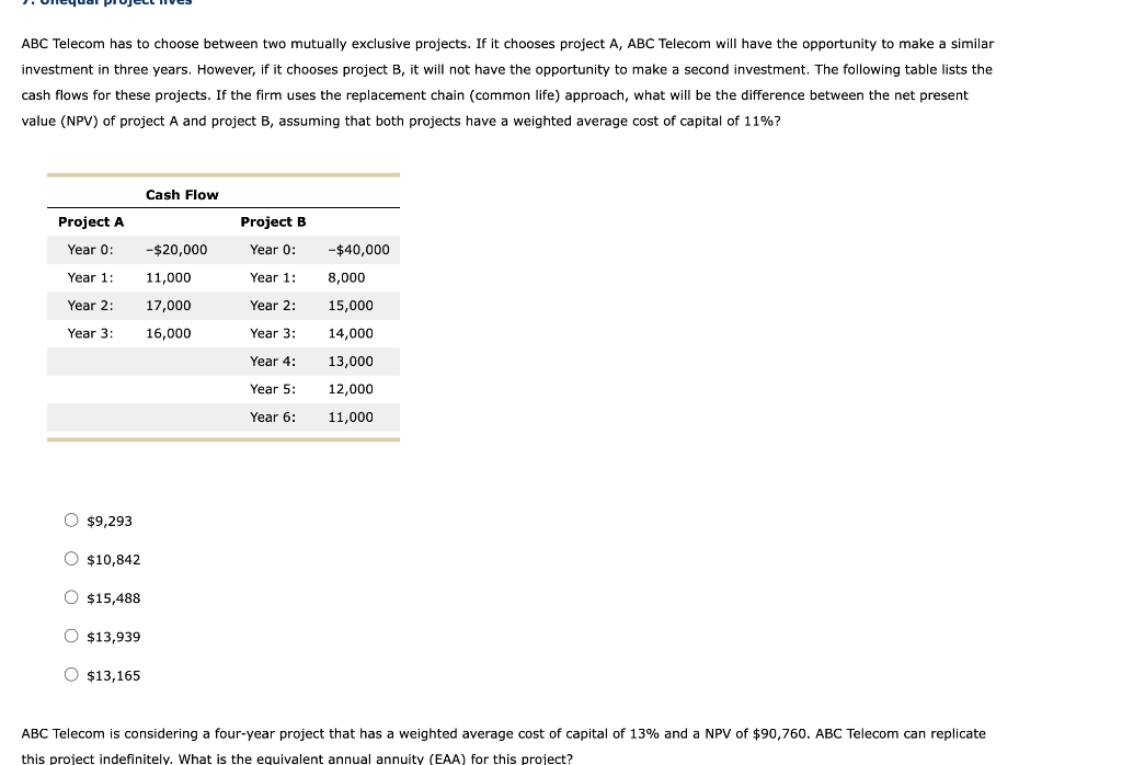 ABC Telecom has to choose between two mutually exclusive projects. If