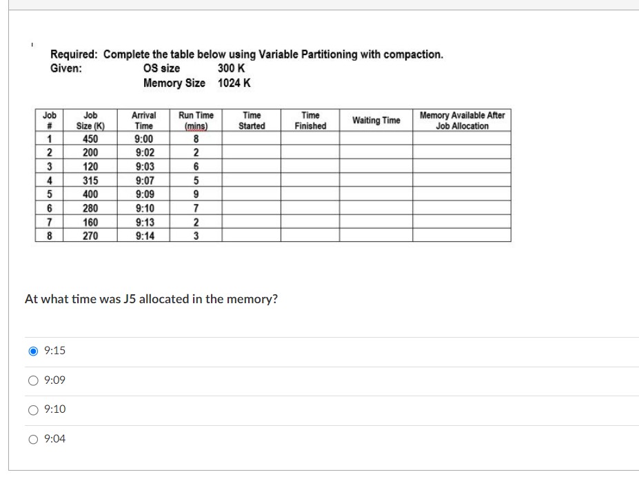  Required: Complete the table below using Variable Partitioning with compaction. Given: