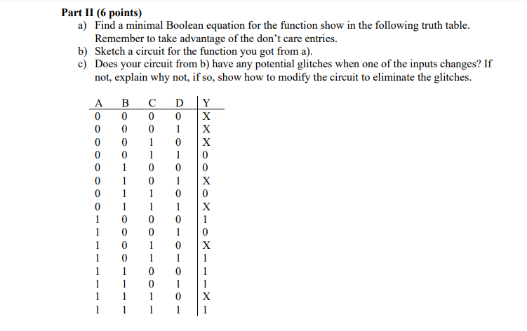  Part II (6 points) a) Find a minimal Boolean equation for