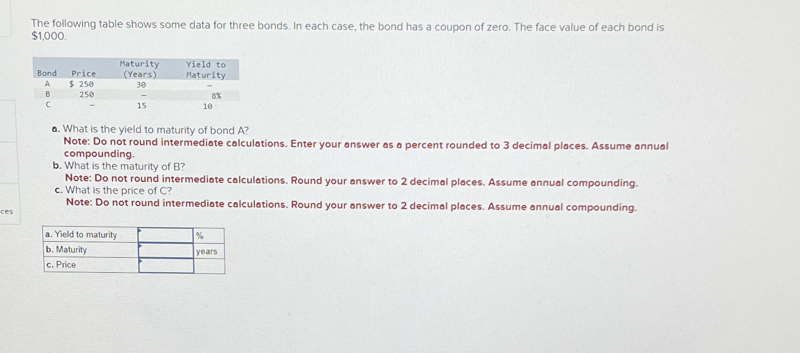  The following table shows some data for three bonds. In each