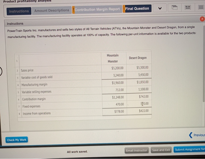  Product profitabilit Instructions Amount Descriptions Contribution Margin Report Final Question Instructions
