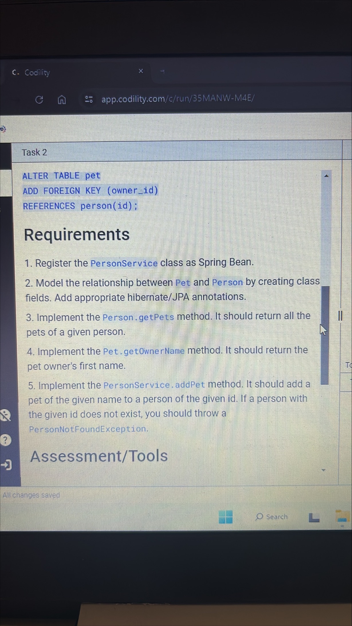  ADD FOREIGN KEY (owner_id) REFERENCES person(id); Requirements Register the PersonService class