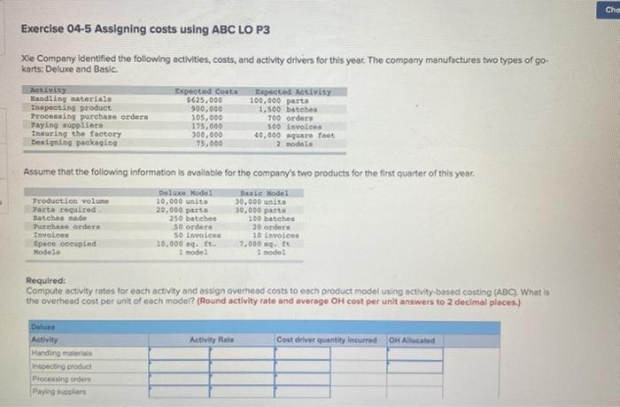  Che Exercise 04-5 Assigning costs using ABC LO P3 Xie Company