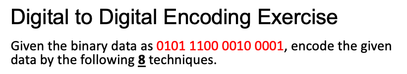 Digital to Digital Encoding Exercise Given the binary data as 010111000010