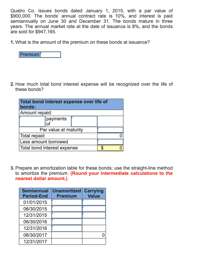 4. Quatro Co. issues bonds dated January 1, 2015, with a par