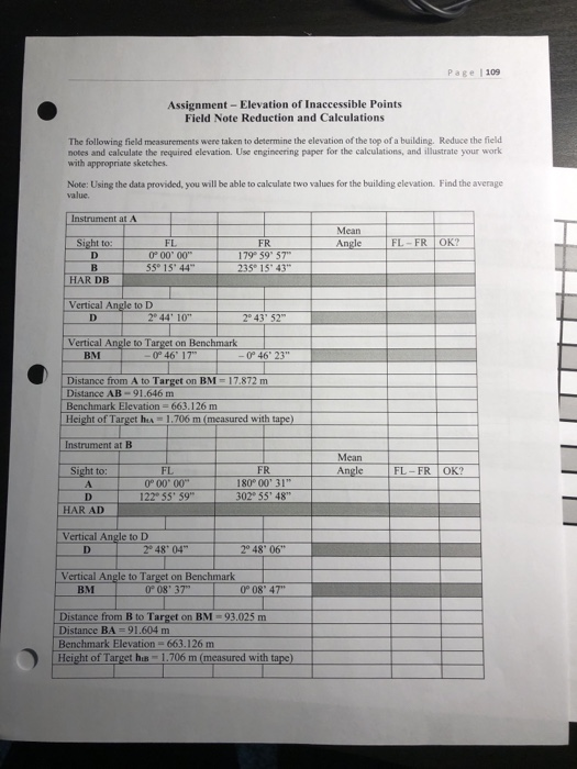  Pa 109 Assignment - Elevation of Inaccessible Points Field Note Reduction