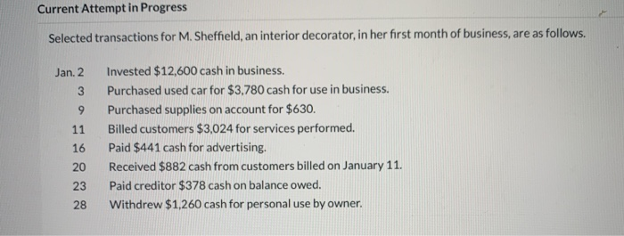  Current Attempt in Progress Selected transactions for M. Sheffield, an interior