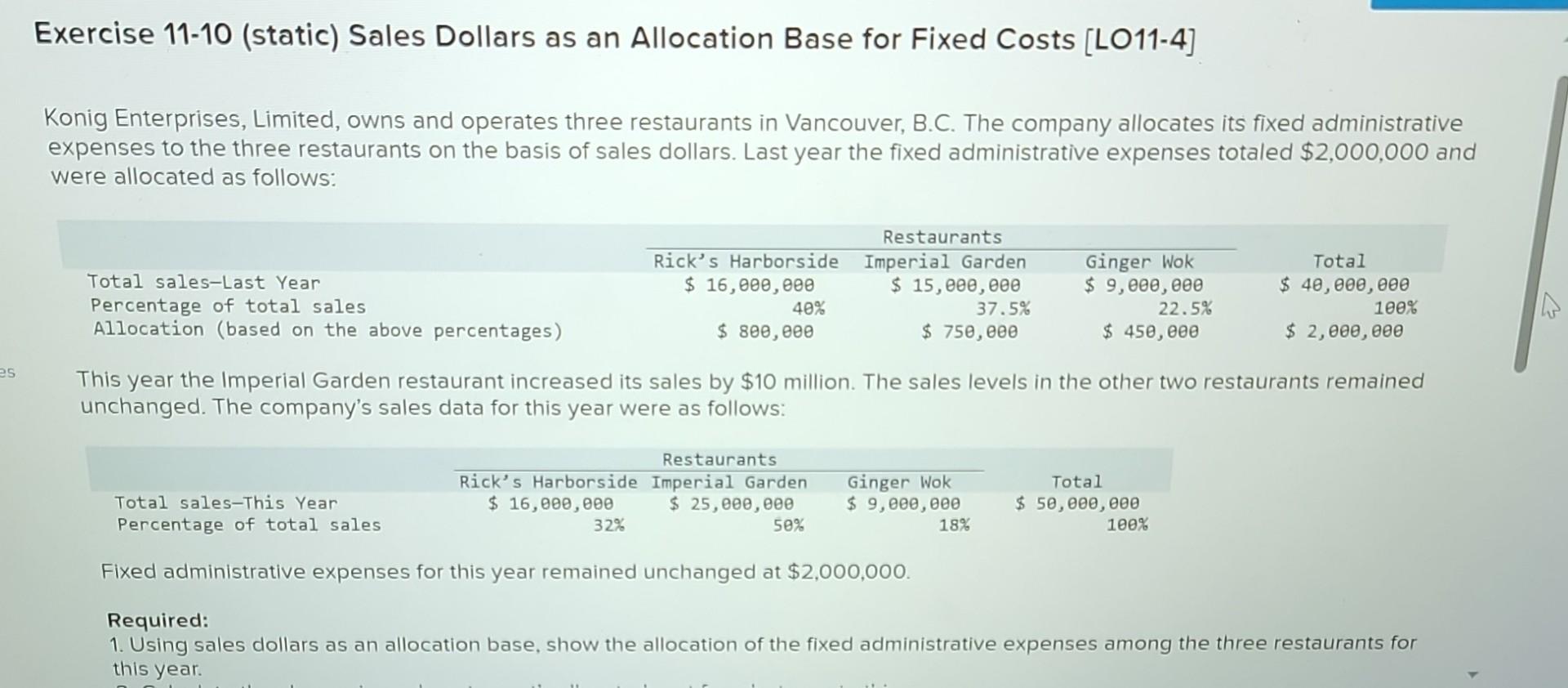 Exercise 11-10 (static) Sales Dollars as an Allocation Base for Fixed