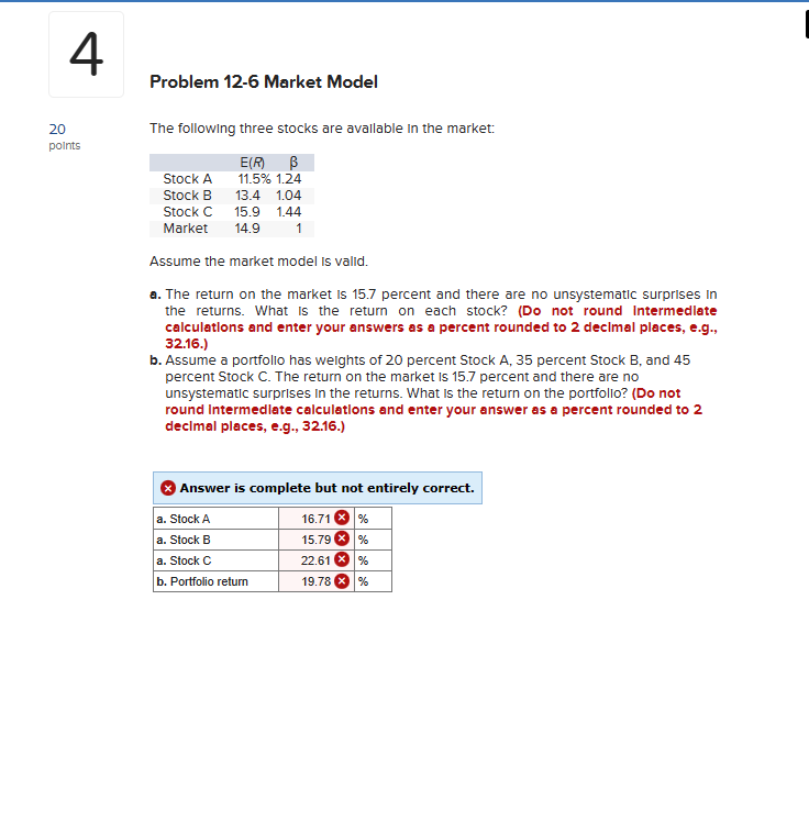  Problem 12-6 Market Model 20 points The following three stocks are