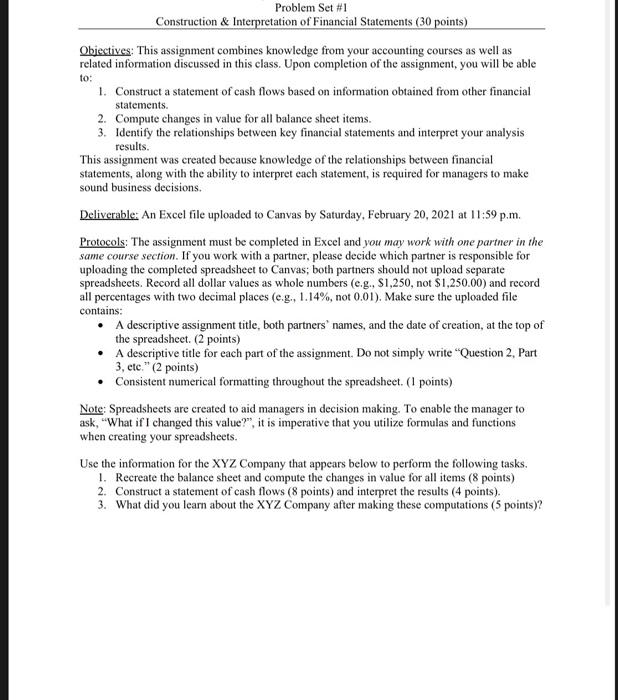 Problem Set #1 Construction & Interpretation of Financial Statements (30 points)