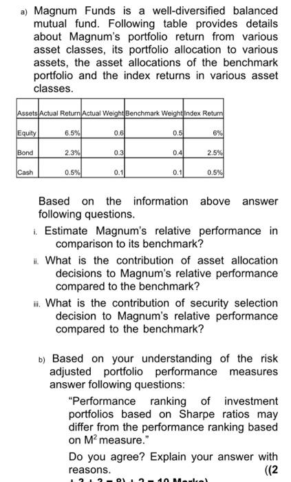  a) Magnum Funds is a well-diversified balanced mutual fund. Following table