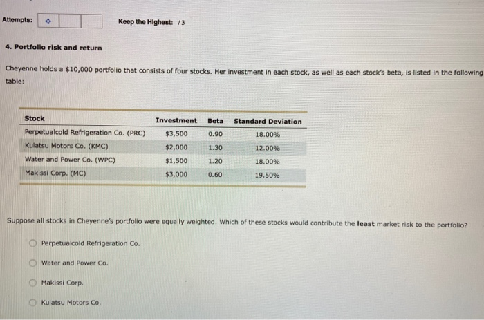 Attempts: Keep the Highest: 13 4. Portfolio risk and return Cheyenne