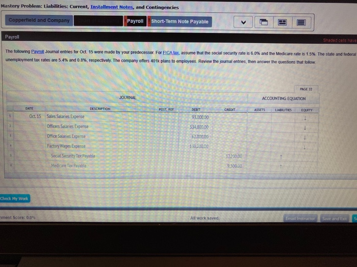  Mastery Problem: Liabilities: Current, Installment Notes, and Contingencies Copperfield and Company