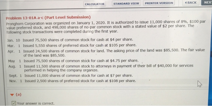  BACK NEXT CALCULATOR STANDARD VIEW PRINTER VERSION Problem 13-01A a-c (Part