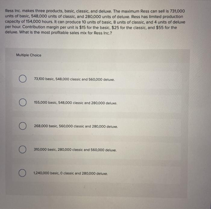  Ress Inc. makes three products, basic, classic, and deluxe. The maximum