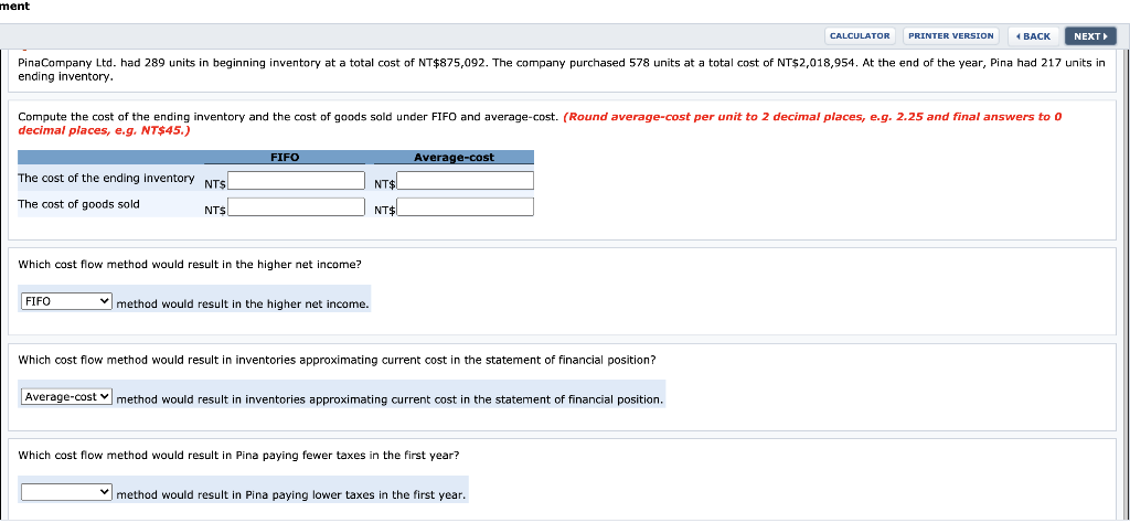 ment CALCULATOR PRINTER VERSION BACK NEXT Pina Company Ltd. had 289