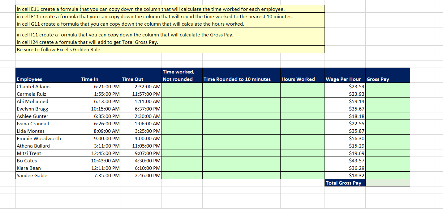 Please show excel formula/function in cell E11 create a formula that you