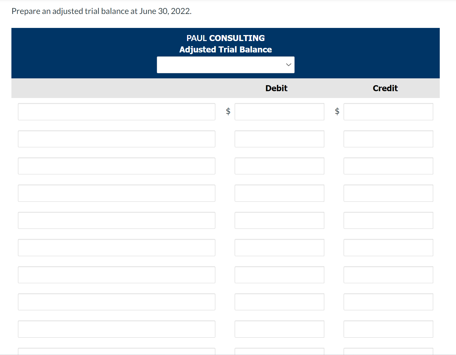 Paul Consulting, on June 1, 2022. The trial balance at June 30