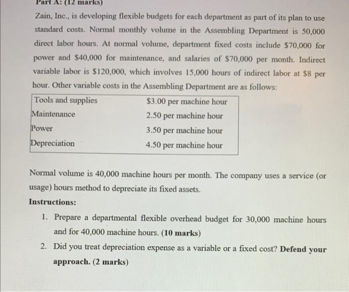  Please answer it quickly Zain, Inc, is developing flexible budgets for