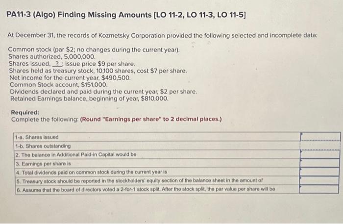  PA11-3 (Algo) Finding Missing Amounts [LO 11-2, LO 11-3, LO 11-5]