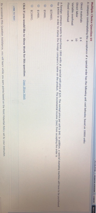  Multiple Choice Question 69 A company Direct materials Direct labor Variable