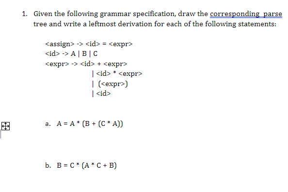  - Given the following grammar specification, draw the corresponding parse tree