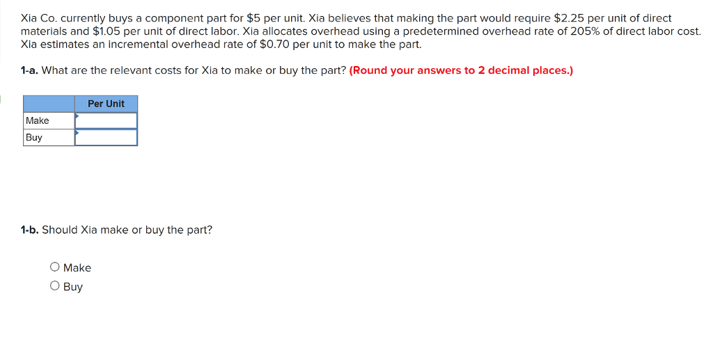 Xia Co. currently buys a component part for $5 per unit.
