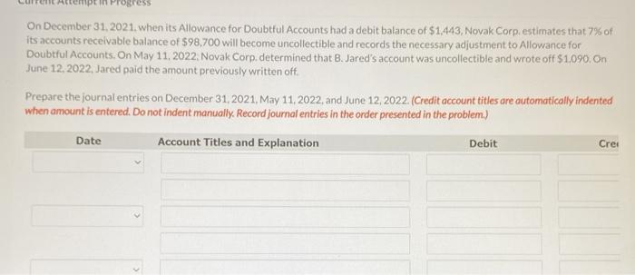  Progress On December 31, 2021. when its Allowance for Doubtful Accounts