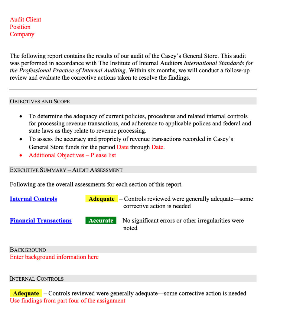 audit report template attached: Part III Additional Information to help with the