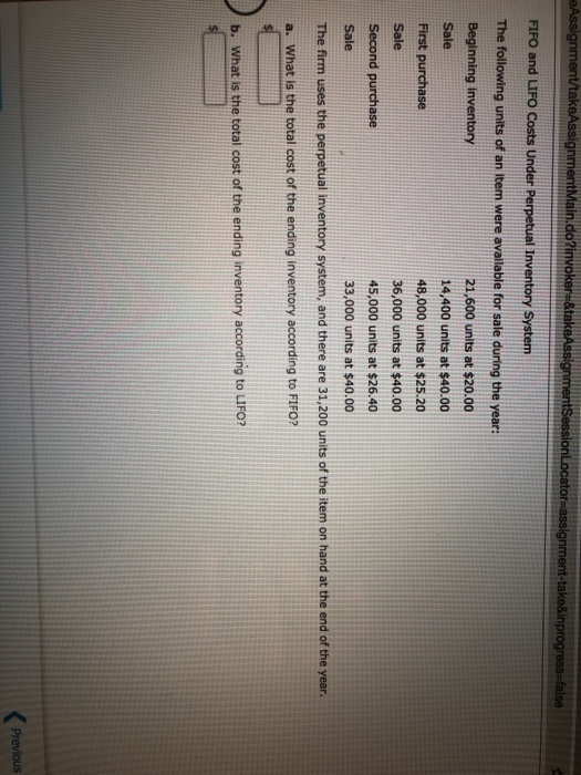  Assignment/takeAssignmentMain.do?invoker=&takeAssignmentSessionLocator=assignment-take&inprogress=false FIFO and LIFO Costs Under Perpetual Inventory System The following
