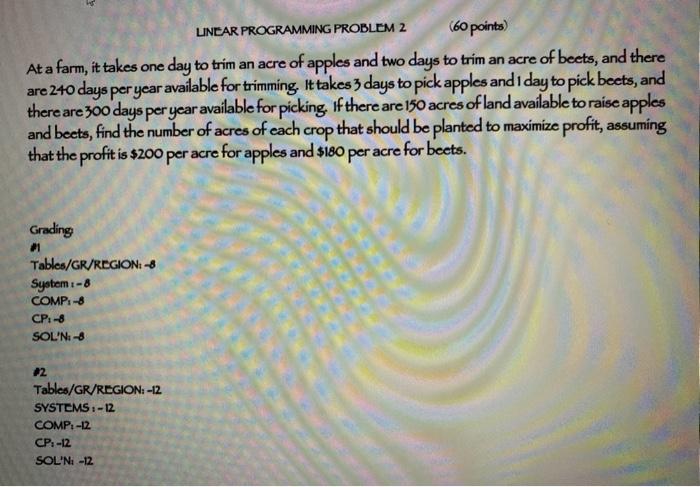  LINDAR PROGRAMMING PROBLEM 2 (60 points) At a farm, it takes